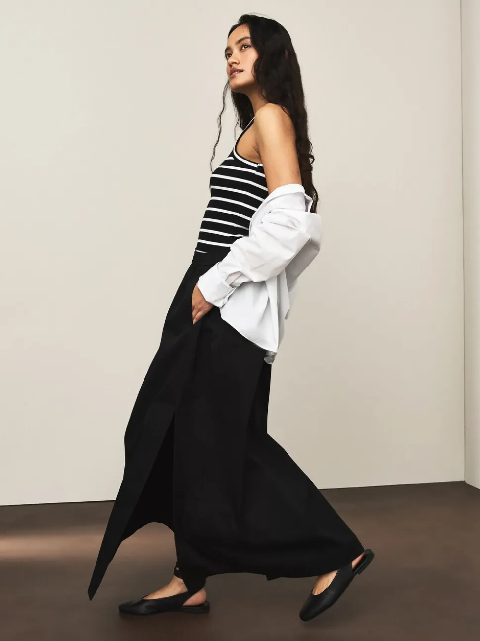 Zwart - Elastic Waist Cotton Blend Midi Skirt