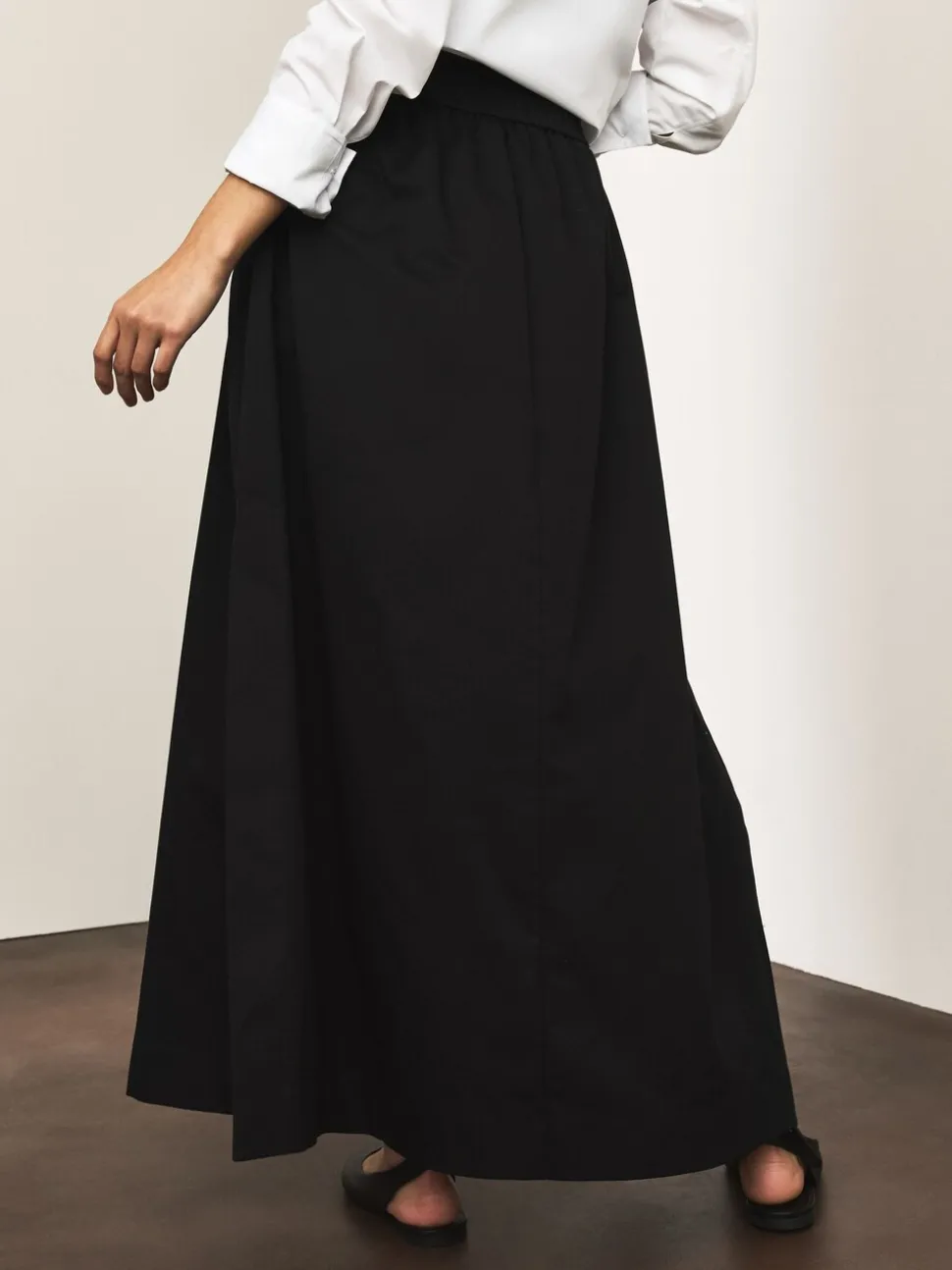 Zwart - Elastic Waist Cotton Blend Midi Skirt