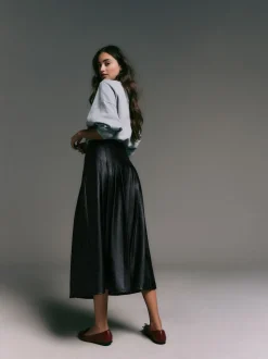 Zwart - Faux Leather Midi Kilt Skirt