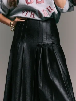 Zwart - Faux Leather Midi Kilt Skirt