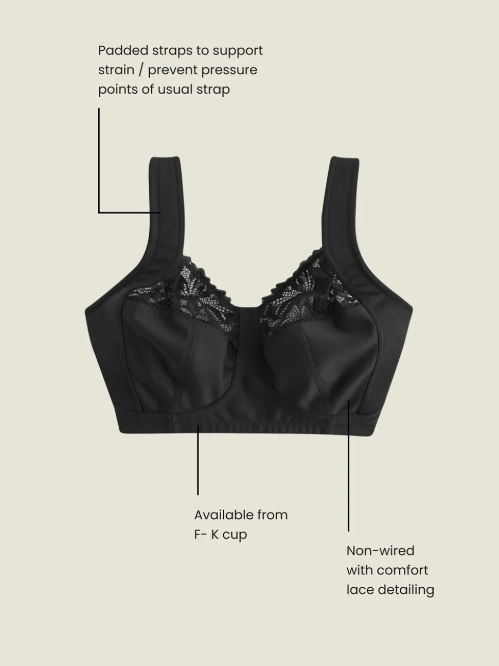 Zwart - F-K cup beha met ultiem comfort, gewatteerde bandjes, zonder vulling, zonder beugel en met zijsteun