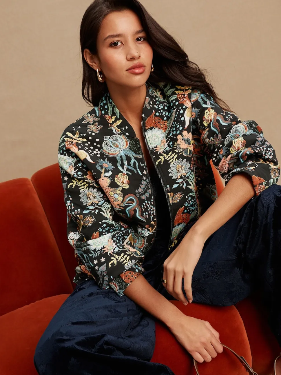 Zwart - Floral Jacquard Bomber Jacket