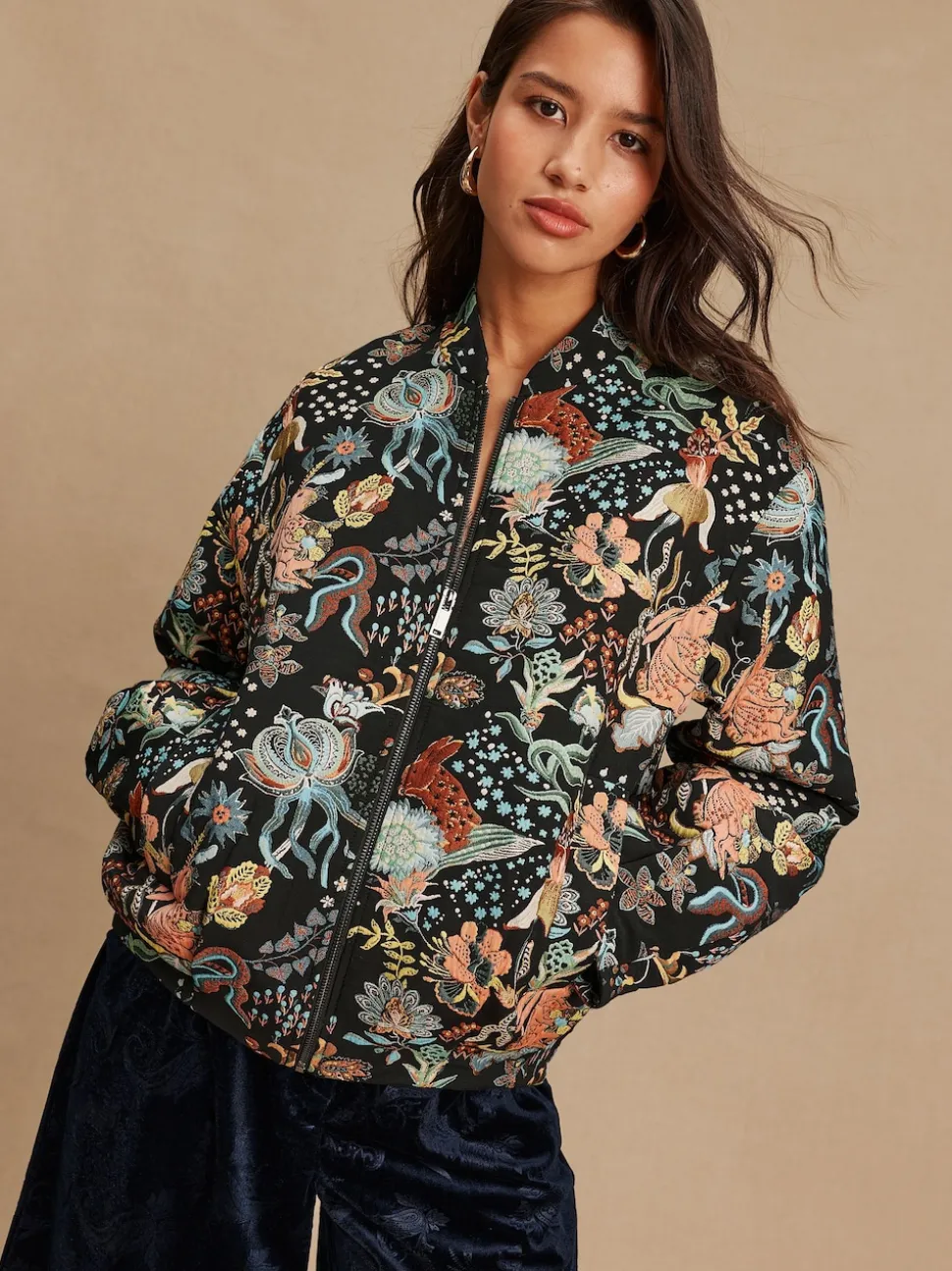Zwart - Floral Jacquard Bomber Jacket