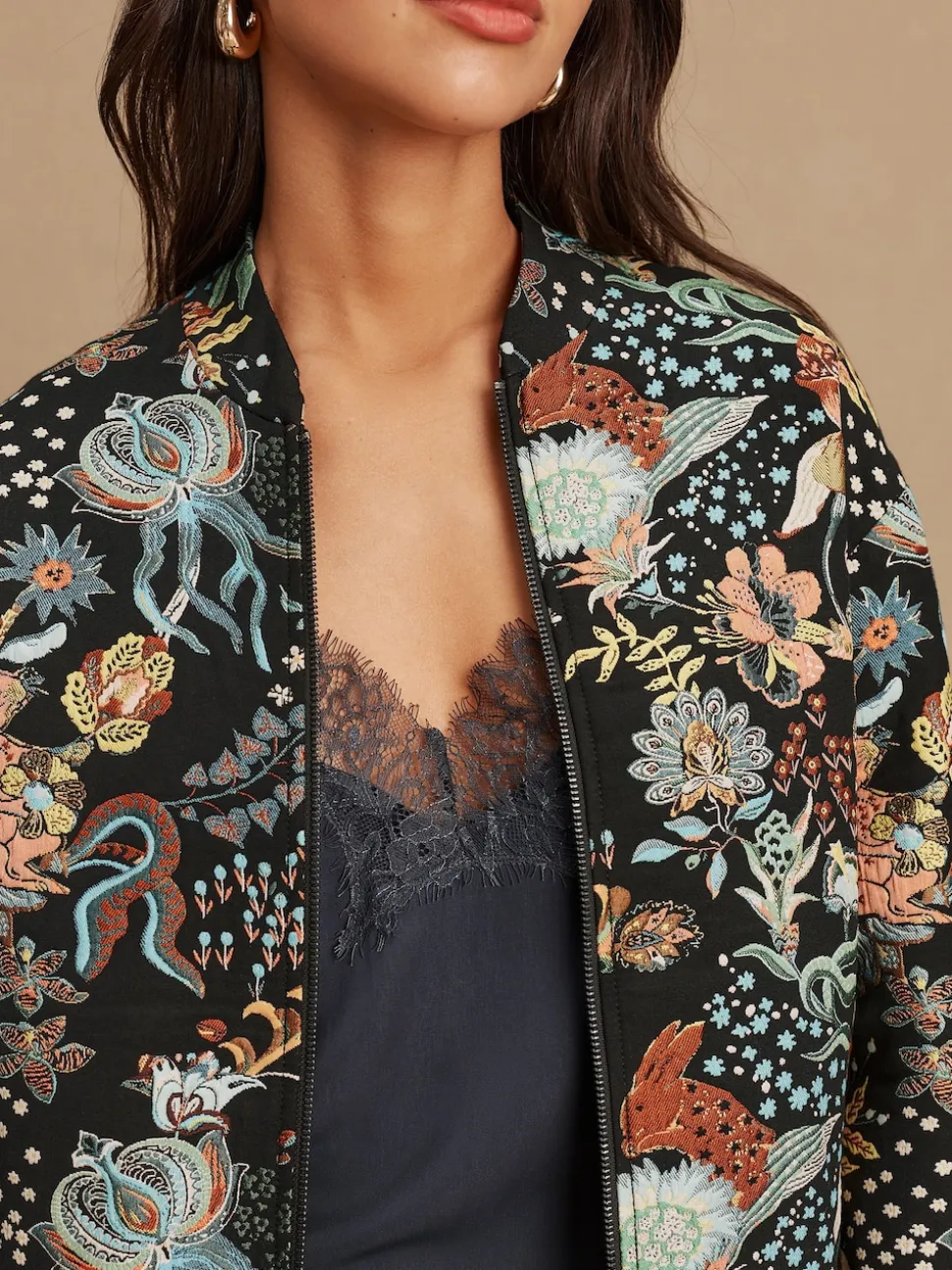 Zwart - Floral Jacquard Bomber Jacket