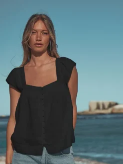 Zwart - Flutter Sleeve Button Front Top With Linen