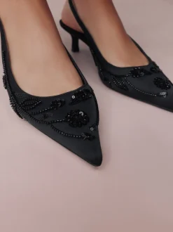 Zwart - Forever Comfort satijnen slingbacks met kralen en hakje