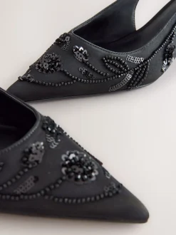 Zwart - Forever Comfort satijnen slingbacks met kralen en hakje