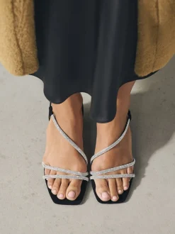 Zwart - Forever Comfort Square Toe Jewelled Strappy Block Heeled Sandals