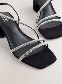 Zwart - Forever Comfort Square Toe Jewelled Strappy Block Heeled Sandals