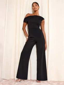Zwart - Friends Like These Off The Shoulder Scuba Wide Leg Jumpsuit