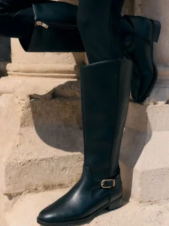 Zwart - Friends Like These Knee High Buckle Rider Faux Leather Long Boots
