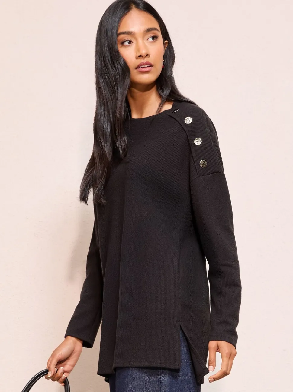 Zwart - Friends Like These Button Detail Rib Tunic