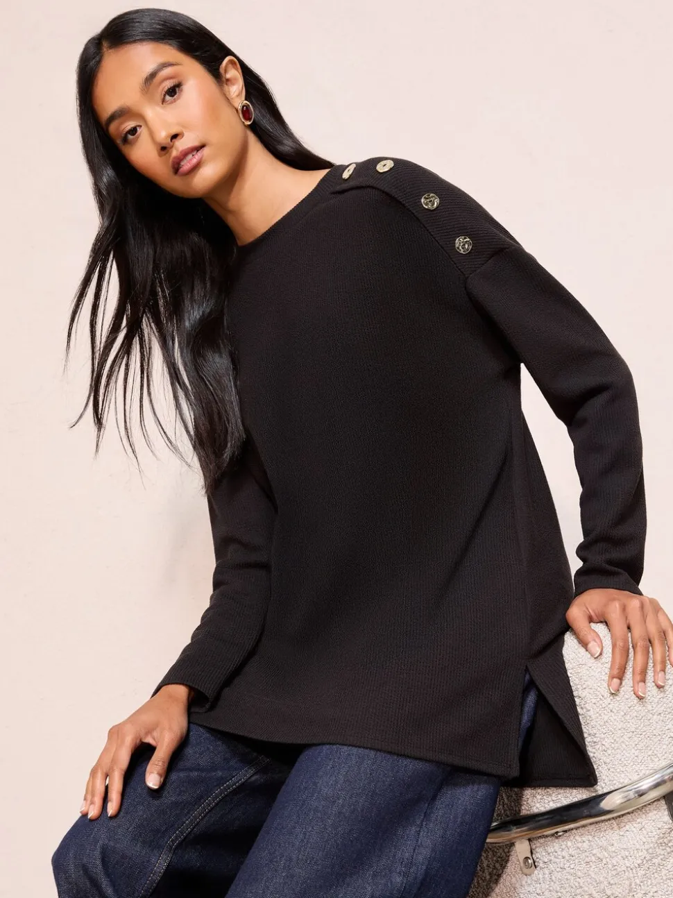 Zwart - Friends Like These Button Detail Rib Tunic