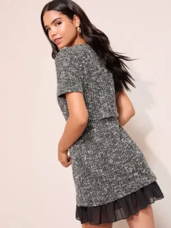 Zwart - Friends Like These Bouclé 2-in-1 Peplumzoom Jurk