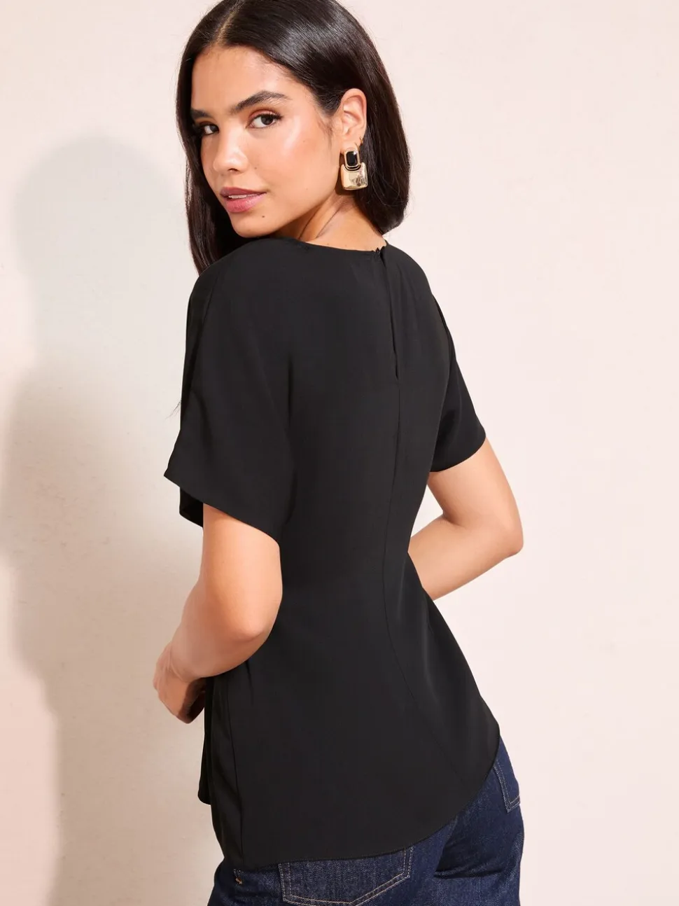 Zwart - Friends Like These Pleated Waist Detail Short Sleeve Blouse