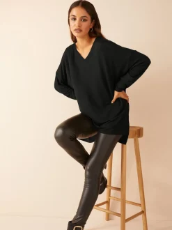 Zwart - Friends Like These - Zachte jersey tuniektop met V-hals en lange mouwen