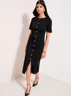 Zwart - Friends Like These Sculpting Stretch Button Midi Dress