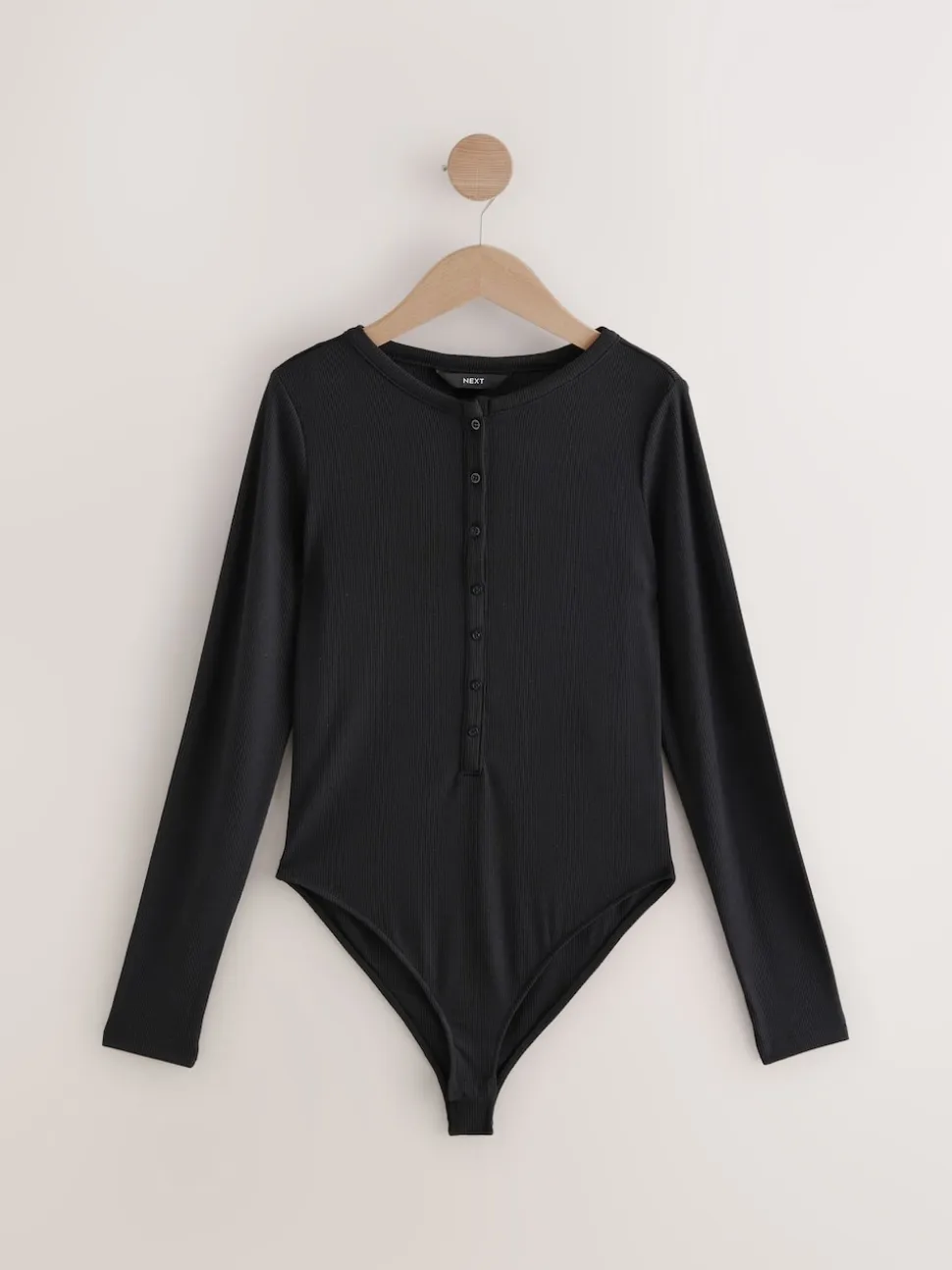 Zwart - Geribbelde Henley-bodysuit met lange mouwen