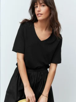 Zwart - Katoenen Modal ruimvallend V-hals T-shirt
