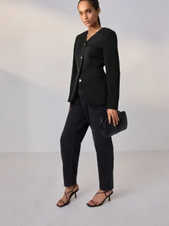 Zwart - Kraagloze V-hals blazer