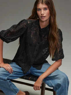 Zwart - Lace Half Sleeve Blouse