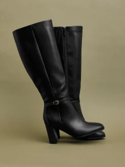 Zwart - Linzi Midtown Block Heel High Leg Boots With Buckle Detail