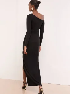 Zwart - Lipsy - Lange jurk met lange mouwen, blote schouders en gerimpelde taille