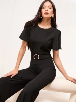 Zwart - Lipsy Hardware Belted Short Sleeve Jumpsuit