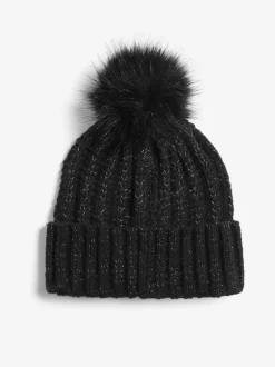 Zwart - Lipsy Shimmer Ribbed Pom Hat