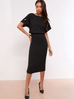 Zwart - Lipsy Short Sleeve Button Detail Blouson Bodycon Midi Dress
