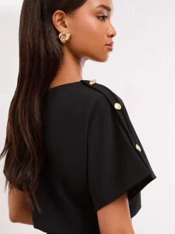 Zwart - Lipsy Short Sleeve Button Detail Blouson Bodycon Midi Dress