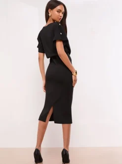 Zwart - Lipsy Short Sleeve Button Detail Blouson Bodycon Midi Dress