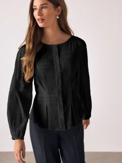 Zwart - Long Sleeve Boatneck Textured Button-Front Blouse