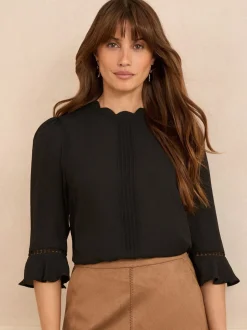 Zwart - Love & Roses 3/4 blouse met uitlopende mouwen