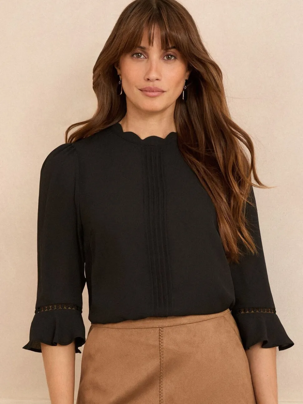 Zwart - Love & Roses 3/4 blouse met uitlopende mouwen