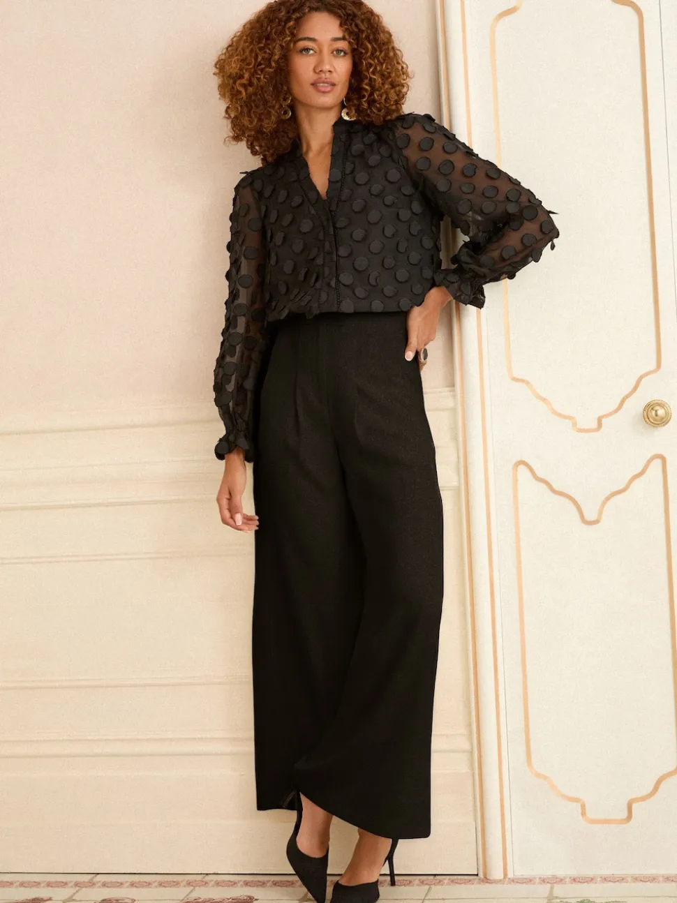 Zwart - Love & Roses 3D blouse met lange mouwen en stippen