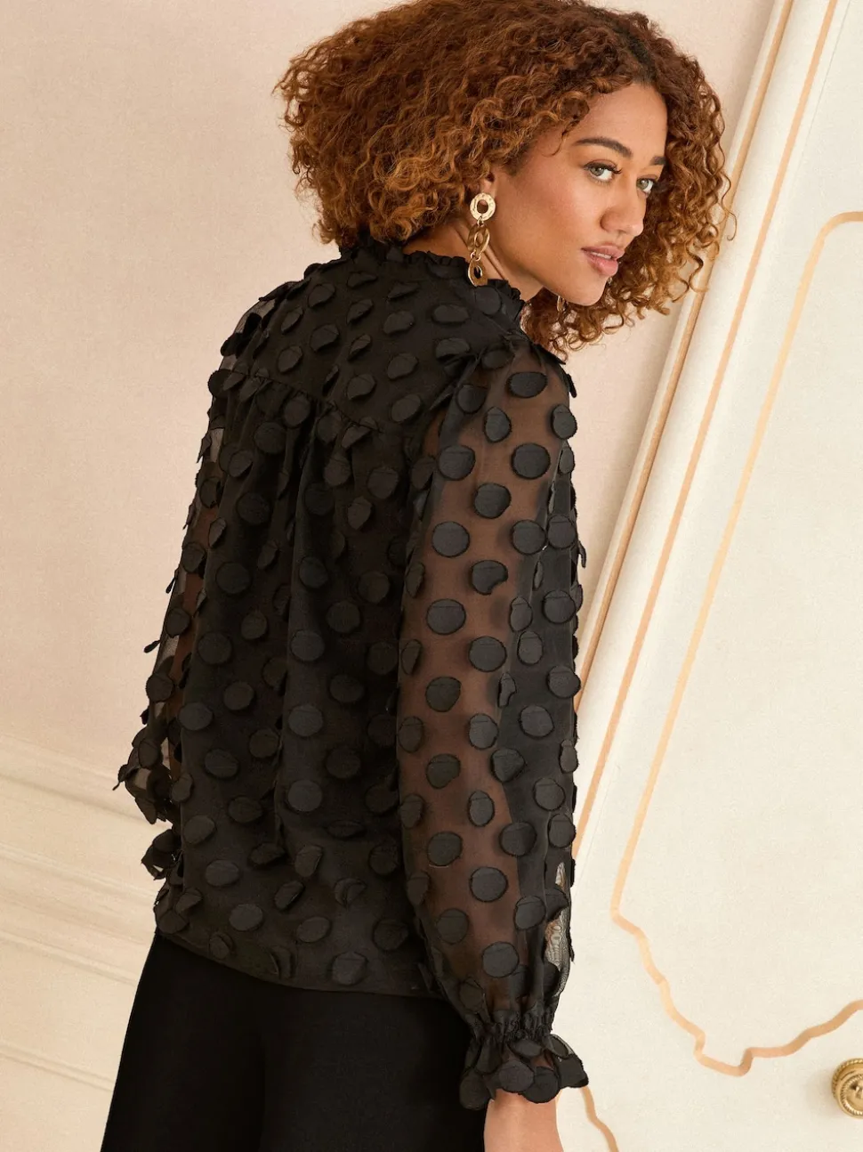Zwart - Love & Roses 3D blouse met lange mouwen en stippen