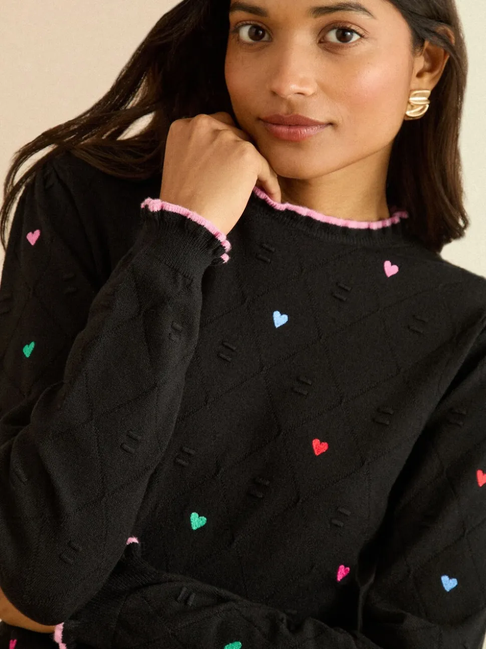 Zwart - Love & Roses Embroidered Detail Knitted Jumper