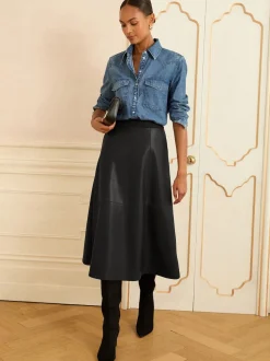 Zwart - Love & Roses Fit en Flare imitatieleren midi-jurk