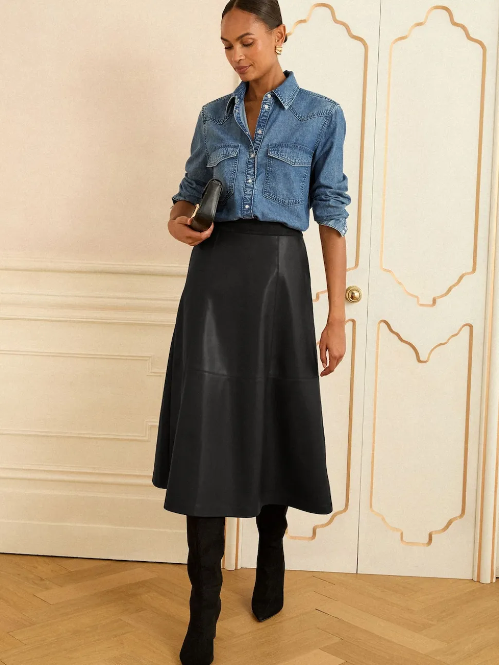 Zwart - Love & Roses Fit en Flare imitatieleren midi-jurk