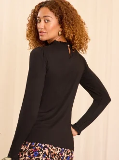 Zwart - Love & Roses jersey top met ruches aan de hals en lange mouwen