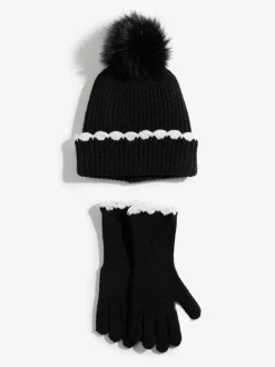 Zwart - Love & Roses Scallop Trim Ribbed Pom Hat and Gloves Set