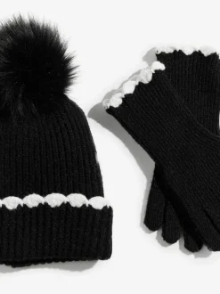 Zwart - Love & Roses Scallop Trim Ribbed Pom Hat and Gloves Set