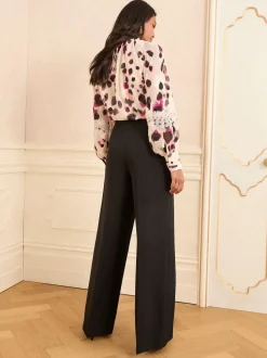 Zwart - Love & Roses Wide Button Leg Trousers