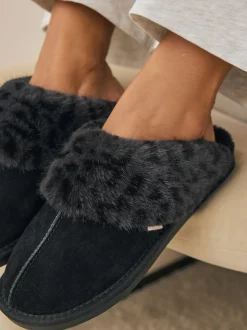 Zwart - Met imitatiebont gevoerde suède pantoffelmuiltjes