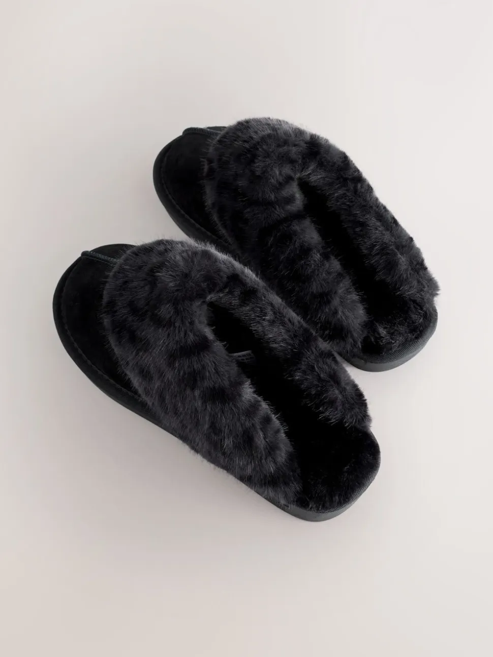 Zwart - Met imitatiebont gevoerde suède pantoffelmuiltjes