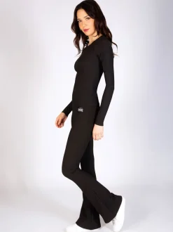 Zwart - Pineapple dames geribbelde uitlopende leggings