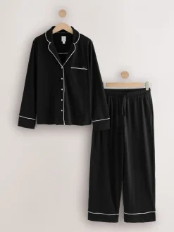 Zwart - Pyjama met knopen en jerseystof