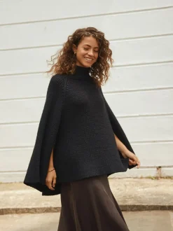 Zwart - Roll Neck Ribbed Knitted Poncho
