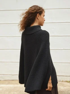Zwart - Roll Neck Ribbed Knitted Poncho